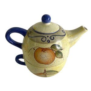 Teapot Cup Set Single Serve 2 Piece Oversize Cup Yellow Fruit Pattern 7" x 4.5"
